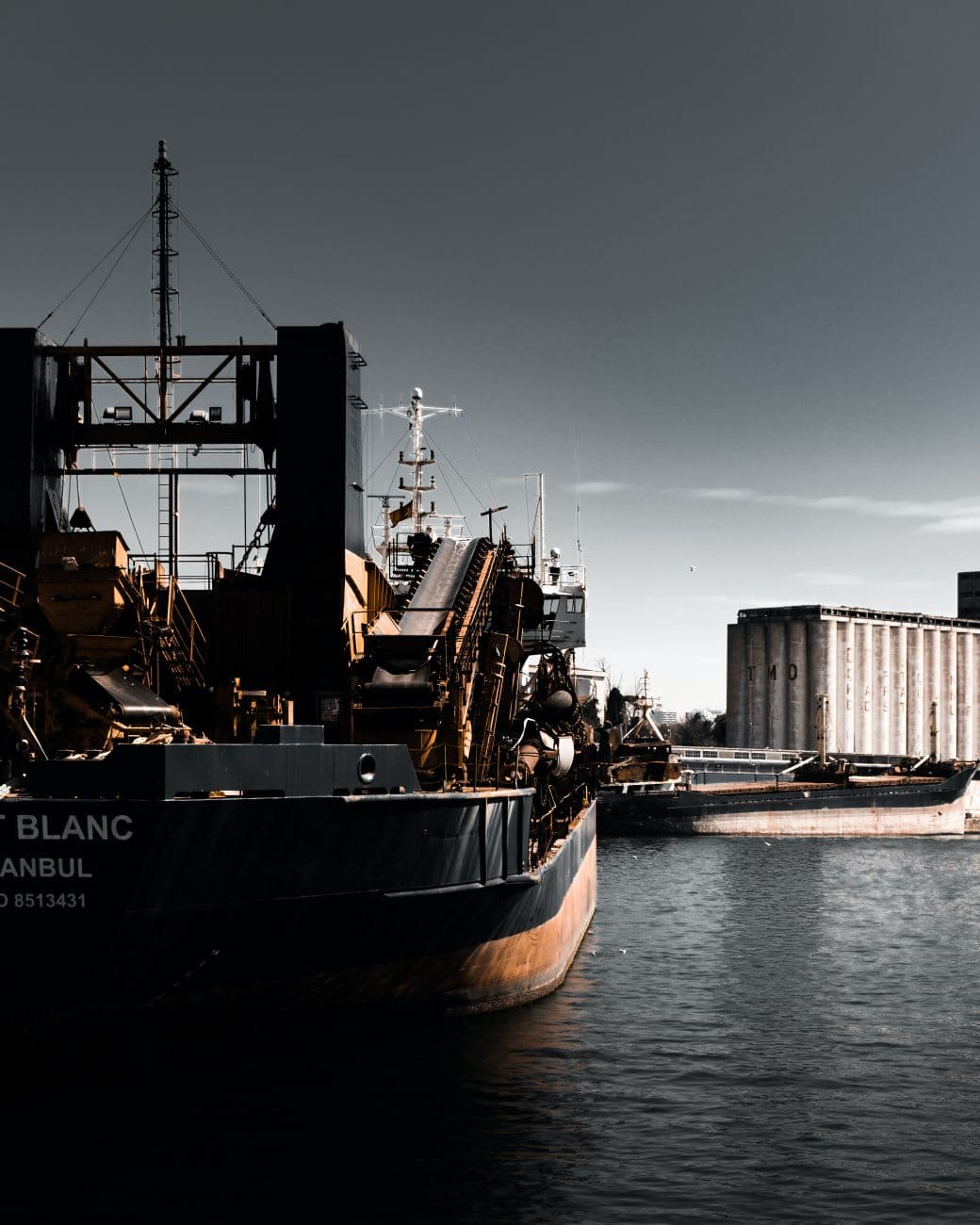A self-discharging bulk carrier lying alongside a grain terminal at dusk, with silos and a second berthed vessel beyond.